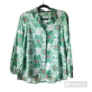ModaPosa Pink and Green Button Down Blouse with Long Sleeve Puff Sleeve Sz. S